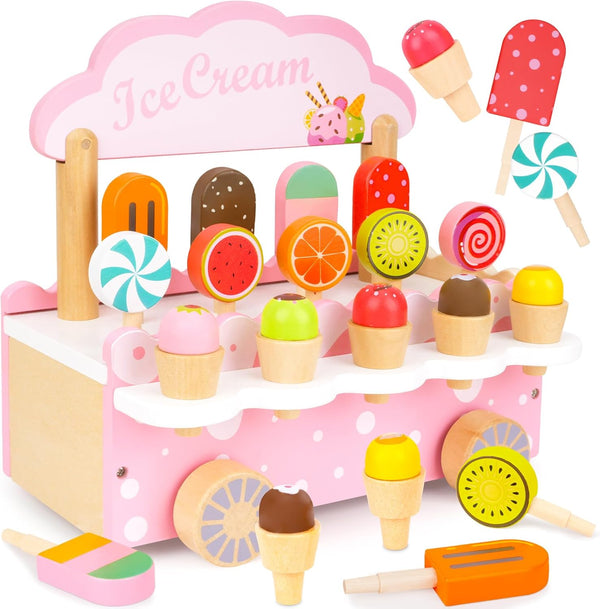 Wooden Play Toys for Toddler Girls 3-5 - Ice Cream Truck Cart