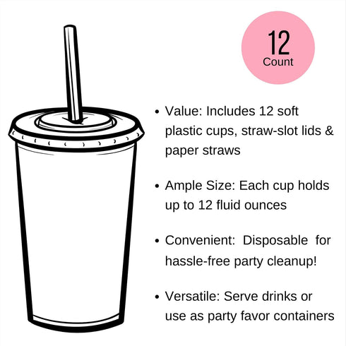 Dinosaur Birthday Cups, Kids Party Supplies, Birthday Favor Cups, Plastic Disposable Cups with Lids and Straws, Set of