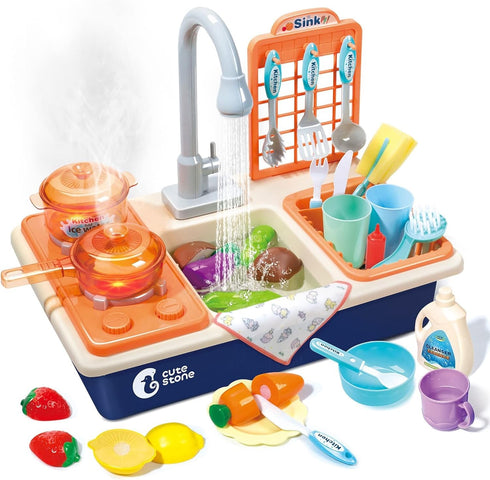 CUTE STONE Pretend Play Kitchen Sink Toys - Cooking Stove with Realistic Light and Sound