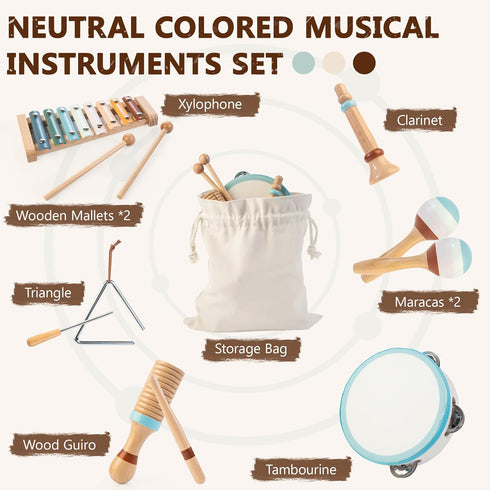 Set 3+ Baby Musical Instruments | Montessori Wooden Toys for Toddlers, Neutral Color Percussion Instruments