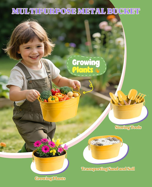 Floraxa 8Pcs Set 3 Kids Gardening with Metal Basket & Real Metal Tools, STEM Outdoor Kit, Ergonomic Wooden Handles