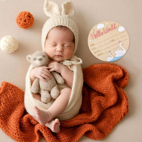Lyreh 15cm/5.91in Birth Announcement Sign, Wooden Hello World Newborn Sign Welcome Baby Board Baby Name Plaque for Home
