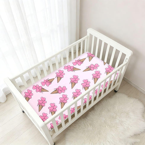 Jynexis 52x28 Ice Cream Heart Pink Pattern Baby Crib Sheets, Cotton Fitted Crib Sheet, Soft Breathable, Fits Standard