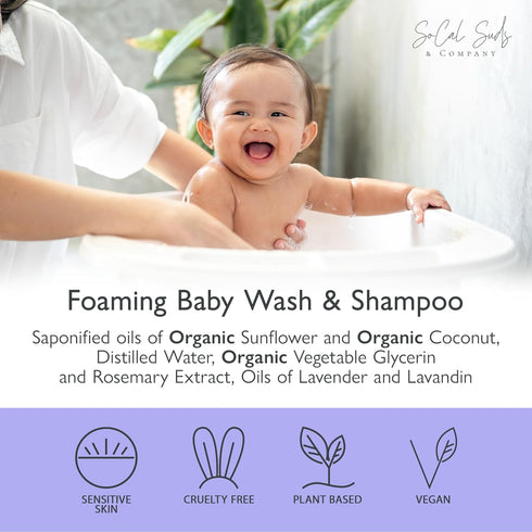 SoCal Suds & Company 2-in-1 Organic Foaming Shampoo & Body Wash, Gentle Baby Wash for Sensitive Skin, Lavender, 6oz