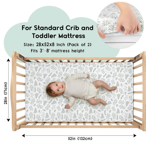 2 Pack 28x52x8in(Green+Leaf) Yoofoss Baby Crib Sheets for Boys Girls, Fitted Crib Sheet for Standard Crib and Toddler