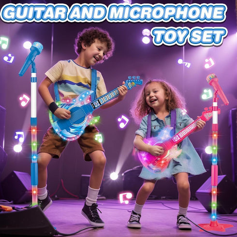 MOEAWS Set, 3-5 5-9, Kids Guitar and Microphone Toy Guitar with Adjustable Volume and Strap, Microphone with Stand