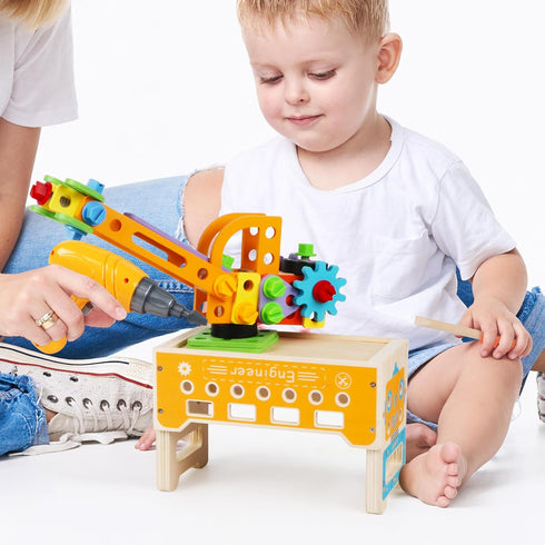 Set 91PCS 3 4 5 (91Pcs) Wooden Kids Tool with Electric Screwdrivers, Educational STEM Construction Toys, Wooden Tool