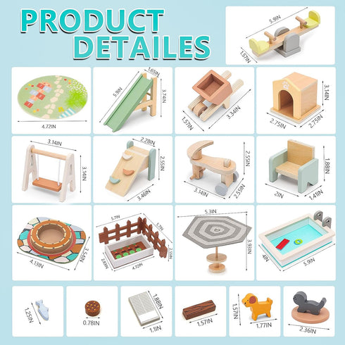 Set 3-6 HAPGFS Wooden Doll House Furniture and Accessories Outdoor Play for Kids- Includes Slide, Swing, BBQ Grill