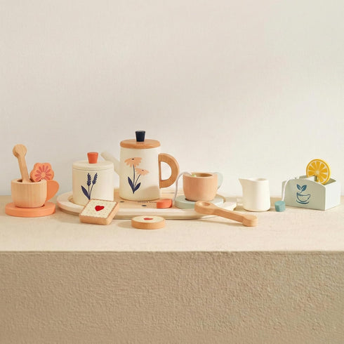 PairPear Wooden Tea Set for Kids, 19-Piece Pretend Tea Time Play Set