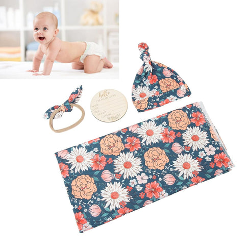 Set Cozy 4) Vibrant Floral Print Newborn Swaddle Blanket with Hat and Headband, and Breathable, for Boys and Girls