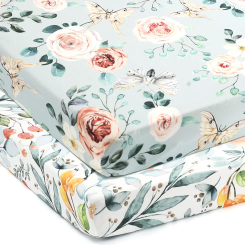 GRSSDER Stretchy Ultra Soft Jersey Knit Fitted Pack n Play Sheets Set 2 Pack, Portable/Mini Crib Sheets for Girls, Watercolor Flowers and Fruits by GRSSDER