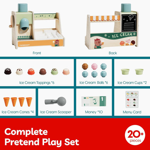 Set Counter 3+ TOP BRIGHT Wooden Ice Cream Pretend Play Toys, Play Kitchen for Kids with Ice Cream & Scoop & Menu