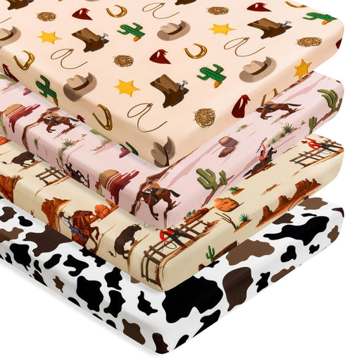 FIGEPO 4 Pack Western Cowboy Crib Sheets Neutral Breathable Fitted Baby Sheets Nursery