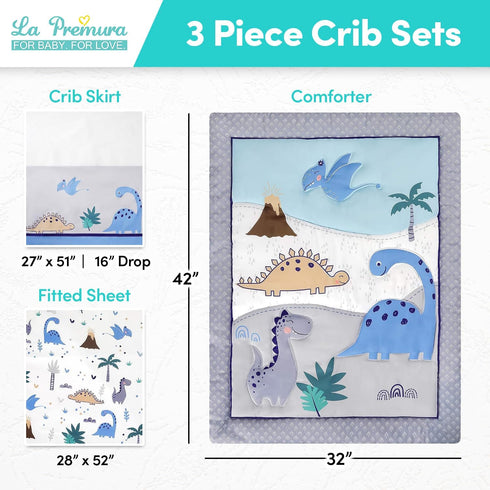 Set 3 Set, La Premura Baby Crib Bedding for Boys Dinosaur Piece Standard Size Nursery Crib Comforter Grey/Blue - Unisex