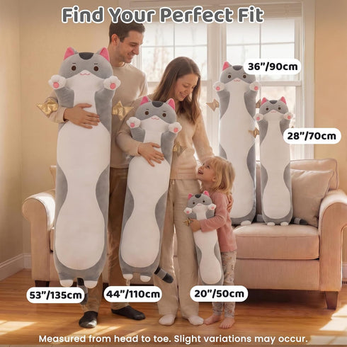 5 120% 36 Mewaii Long Cat Plush Sizes, Extra Filling Giant Plushness Kids Body Pillow, Kawaii Cute Grey Cat Stuffed