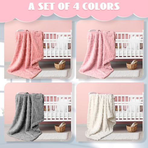 4 Pcs Fleece Baby Blanket, 30 x 40, 3D Fluffy for Boys Nursery Bed, Infant or Newborn Swaddling (Pink Set)