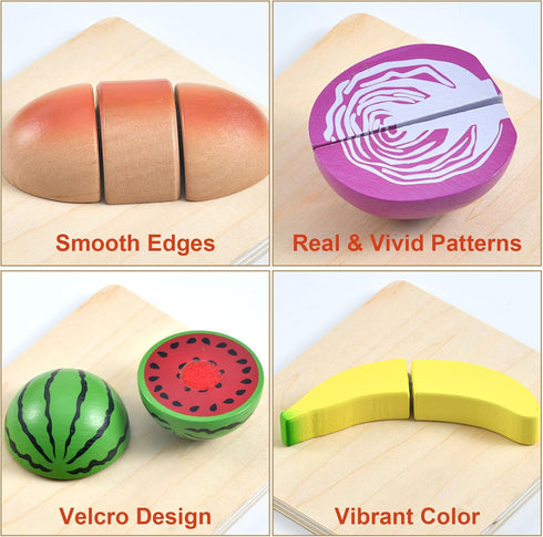 WHOHOLL Wooden Play Food for Kids Kitchen Playset - Montessori Pretend Cutting Food Toys for 2+ Year Old