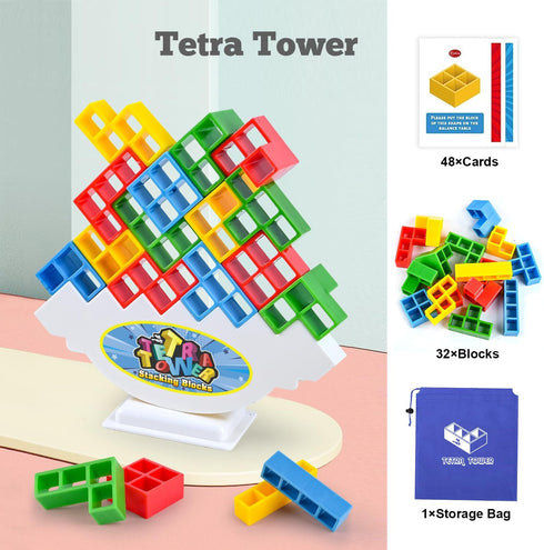 Tetra Tower Balancing Stacking Toys, 32PCS Board Games for Kids & Adults, 2 players Balance Game Team Building Blocks STEM Toy with Storage Bag, Boys Girls Gifts, Perfect for Family, Parties, Travel