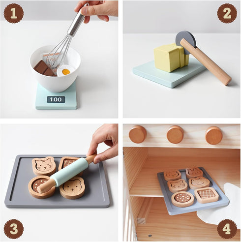 Set, 28 Playset, 3+ PairPear Wooden Cookie & Baking Play Food Kids Pieces Sliceable Cookies, Hand Mixer Toy Kitchen