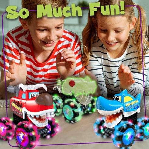 stargo 3 Pack Monster Truck Toy - Motion Activated Light-Up Cars for Toddlers Bull, Shark, Glow in the dark Skull Pull