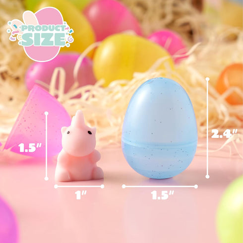 24 JOYIN Pcs Easter Prefilled Eggs with Mochi Squishy Toys, Animal Stress Reliever Squishy Toy for Glitter Transparent
