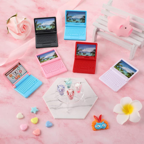 6 Pieces 1:12 Dollhouse Mini Laptop & 4 Pieces Mini Bottle Ice Cream – Simulation Notebook Lovely Folding Laptop Model
