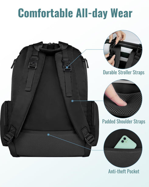Backpack, Backpack 2 TravelBlack Mancro Diaper Bag Extra Large Capacity Baby Diaper with Insulated Pockets and Stroller