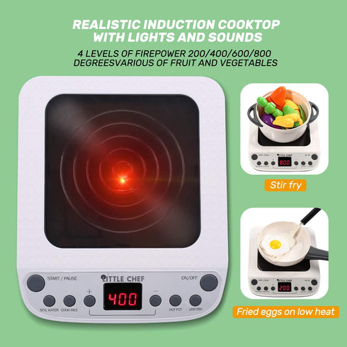 CUTE STONE Kitchen Toy with Cookware, Steam Pressure Pot, Electronic Induction Cooktop, Cut Play Food, Shopping Basket