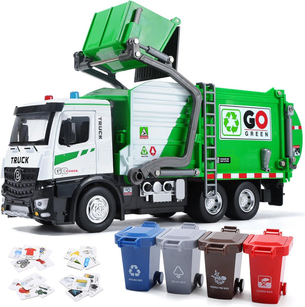 HOLYFUN 12'' Electric Garbage Truck Set with Front Loader/Metal Cab, Friction-Powered Recycling