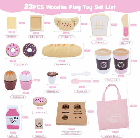 Playset 23pcs Sets SIMPLIPLAY Wooden Bakery Food Toys, Wooden Pretend Play Food for Kids, Play Kitchen Accessories