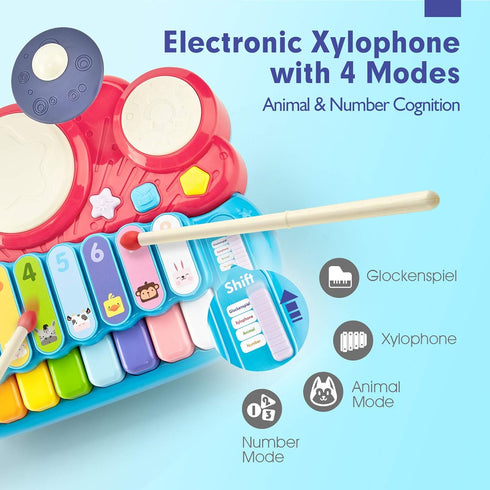 Baby Musical Toys, 3 in 1 Piano Keyboard Xylophone Drum Set for 1 Year Old Girls, Learning Toys for Toddlers 1-3