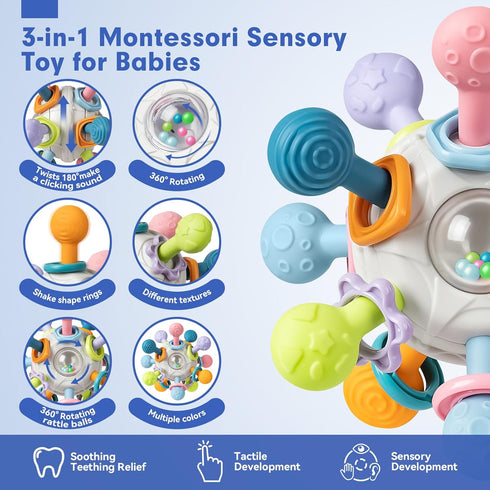 SpringFlower 3 in 1 Montessori Toys for Babies 0-3-6-12 Months, Rattle Teether, Baby Blocks, Soft Stacking Rings