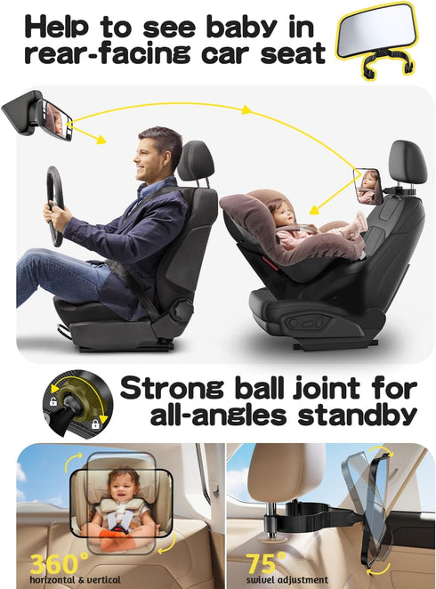 360 TAZENI Baby Car Mirror Hook Design Ultra Stable Car Seat Mirror for Baby Rear Facing Secure and Shatterproof