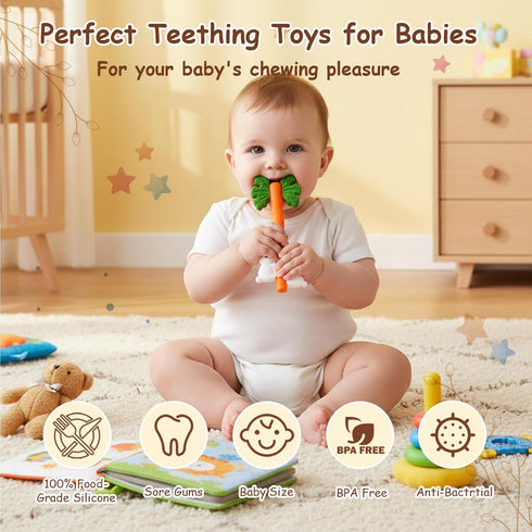 3 (1) Baby Teething Toys Silicone Carrot Rabbit Hollow Teething Tubes -Sensory Chew Toys Over Months - Teether Straws