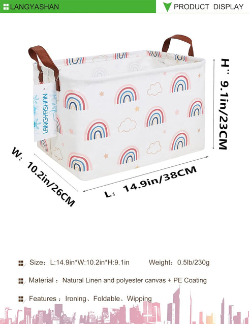 LANGYASHAN Rectangular Storage Bin Collapse Canvas Fabric Cartoon Storage Basket with Handles for Organizing Home Kitchen Boys and Girls Toys Office Closet Shelf Baskets(Rec Cloud Rainbow)
