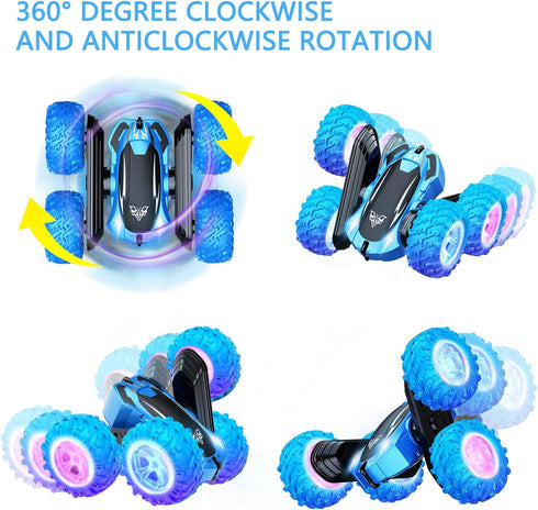 KKONES Remote Control Car, 2.4GHz Electric Race Stunt Car, Double Sided 360° Rolling Rotation, LED Headlights