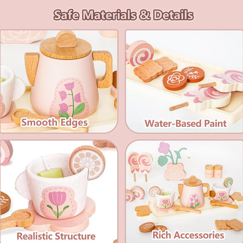 Set Set 26 Set 3-5 Wooden Tea for Little Girls, Pretend Play Tea Party Toy with PCS Play Kitchen Accessories, Princess