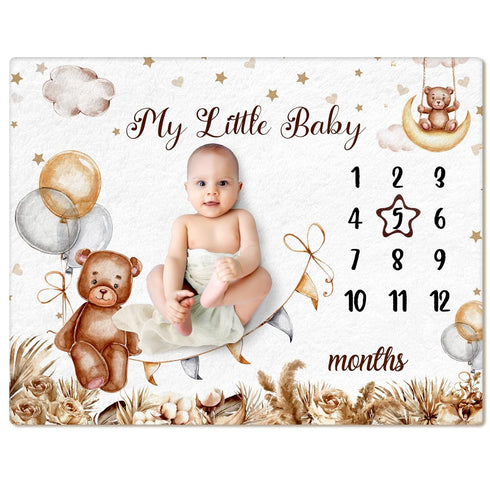 Boho Sleeping Bear Monthly Baby Milestone Blanket, Brown Bear Balloon Flannel for Newborns