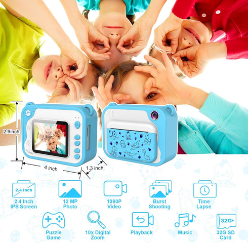 Kids Digital Camera with Instant Print, 1080P Video Camera for Boys Girls, 32GB SD Card, Birthday Gift for Ages 3-12