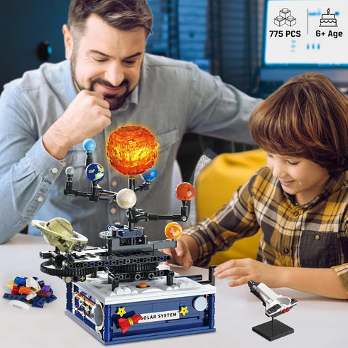 Solar System Building Sets with Light, Rotatable Space Exploration Toys with 9 Planets & Rocket Sets for Kids Age 6+