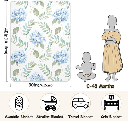 KICPOAY 30x40 Inch Swaddle Blanket for Blue Floral Hydrangeas with Leaves Baby Receiving Blanket Muslin Baby Swaddles