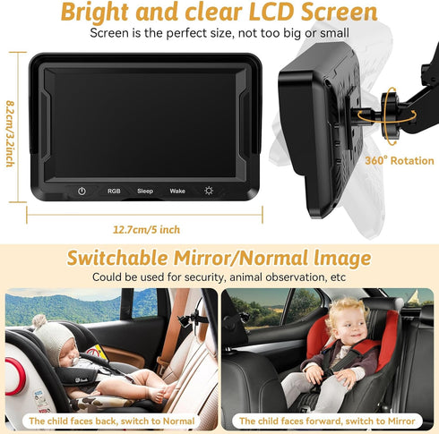 Wkzay 1080P, 150 4.3 Baby Car Camera for Backseat HD Wide Angle, Night Vision, Easy Installation, Adjustable LED Light