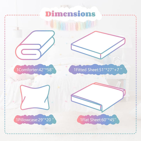 4 Sets Set Set Piece White Boho Toddler Bedding for Girls Colorful Pom Pom Comforter Jacquard Tufted Dot Crib Bed