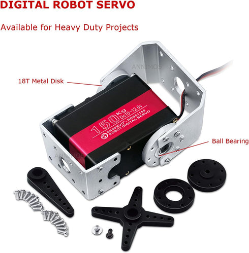 ANNIMOS 150KG 12V Robot Servo Motor High Voltage High Torque Steel Gear Large Digital Steering Servos with Mount