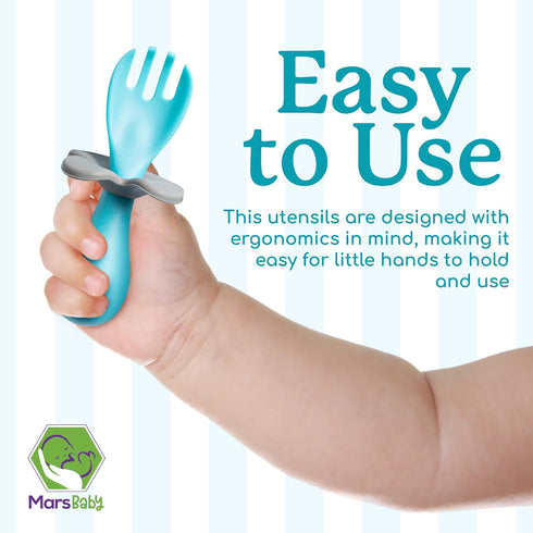Mars Baby Flower Design Self-Feeding Training Utensils for Toddlers, Easy to Hold Weaning Tools, Blue