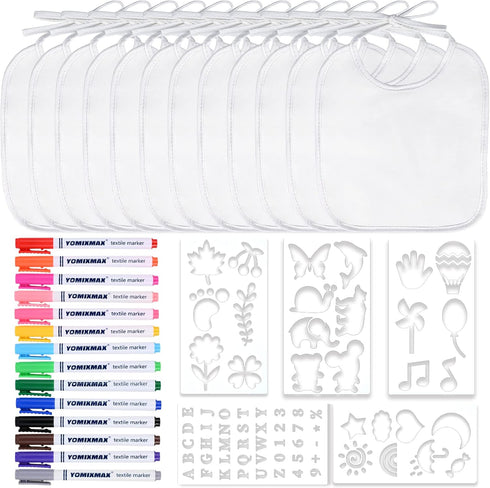 44-Piece DIY Bib Decorating Kit - 24 Bibs, 6 Stencils, 14 Markers for Baby Showers