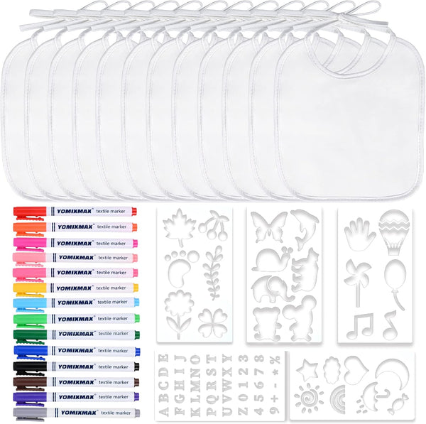 44-Piece DIY Bib Decorating Kit - 24 Bibs, 6 Stencils, 14 Markers for Baby Showers