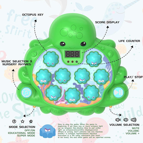 2 2+ Octopus Vitality Strike Game, Educational Musical Whack-A-Mole Toy with Game Modes, Digital Score Display, Toddler