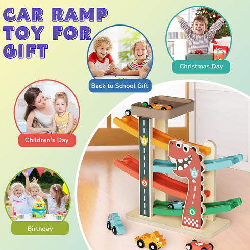 1-3, 6 4-Level 1 Wooden Car Ramp Toy for Toddlers Montessori Toy with Cars (Dinosaur & Racing), Car Ramp Race Track