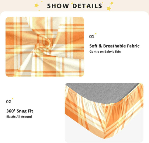 JUNZAN 52x28 Orange Scottish Plaid Baby Crib Sheets Cotton Fitted Crib Sheets for Boys Girls Standard Toldder Bed